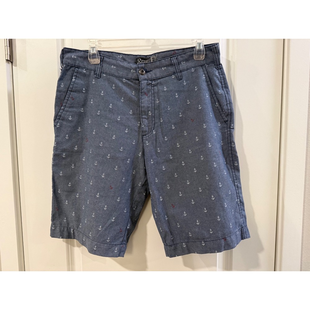 Retrofit Mens Blue Anchor Print‎ Nautical Flat Front Shorts Size 32 Chambray